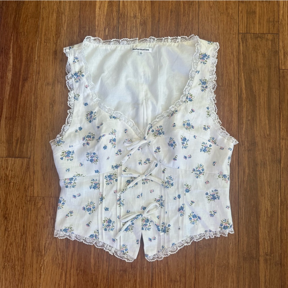 NWOT Reformation Brenda Linen Top size 4 women’s top bow floral lace shirt - Picture 4 of 9